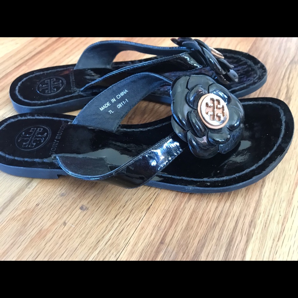 Tory Burch Glossy Black Sandals with Gold Emblem